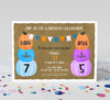 joint birthday invitation with stacked pumpkins in blue and purple for two kids with colorful bunting flags