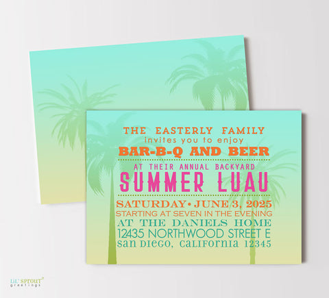 summer or luau themed printable party invitation with green and yellow gradient background, palm tree silhouettes, and colorful orange, pink and teal green text, double sided