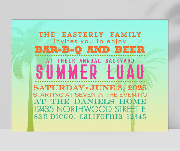 summer or luau themed printable party invitation with green and yellow gradient background, palm tree silhouettes, and colorful orange, pink and teal green text