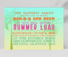 summer or luau themed printable party invitation with green and yellow gradient background, palm tree silhouettes, and colorful orange, pink and teal green text