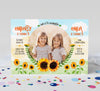 two child birthday invitation with single round photo framed by yellow and orange sunflowers, blue and yellow sky