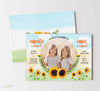 two child birthday invitation with single round photo framed by yellow and orange sunflowers, blue and yellow sky, double sided