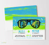 tween or teen birthday invitation for two boys or brothers with a light blue and neon green watercolor background, black sunglasses and colorful text and fun fonts