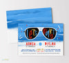 tween or teen birthday invitation for two brothers or boys with blue watercolor background, white sunglasses and colorful text and fun fonts