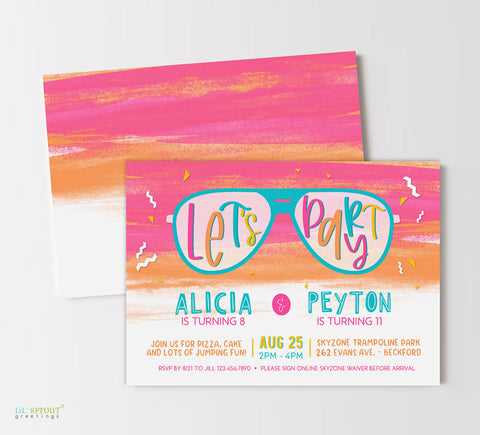 tween or teen birthday invitation for two girls or sisters with neon pink and orange watercolor background, teal sunglasses and colorful text and fun fonts