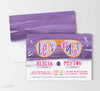 tween or teen birthday invitation for two girls or sisters with purple watercolor background, orange sunglasses and colorful text and fun fonts