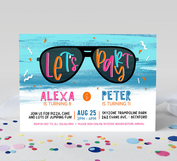 tween or teen birthday invitation with teal watercolor background, black sunglasses and colorful text and fun fonts