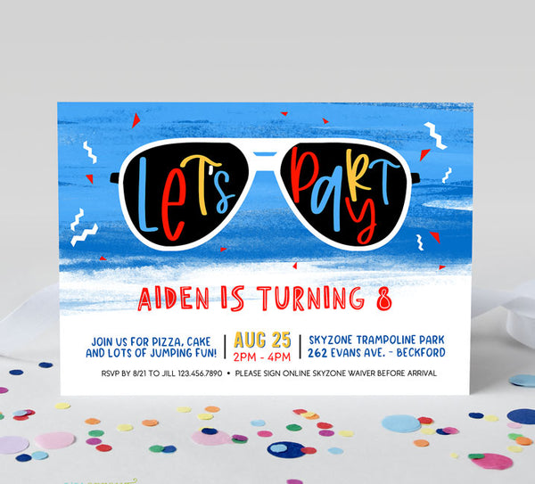 tween or teen boy birthday invitation with blue watercolor background, red and yellow text and white sunglasses