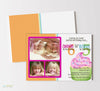 cupcake themed birthday invitation for two kids with pink, green and orange colors and three photos, double sided