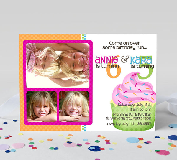 cupcake themed birthday invitation for two kids with pink, green and orange colors and three photos