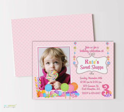 sweet shoppe candy themed girl birthday invitation with single photo on left, pink polka dot background and colorful candy graphics, double sided