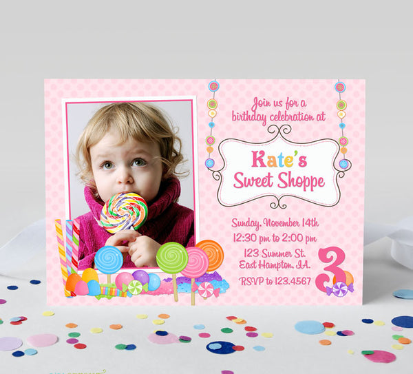 sweet shoppe candy themed girl birthday invitation with single photo on left, pink polka dot background and colorful candy graphics