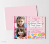 sweet shoppe candy themed joint birthday invitation for girls with two photos, pink polka dot background and candy graphics, double sided