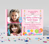 sweet shoppe candy themed joint birthday invitation for girls with two photos, pink polka dot background and candy graphics