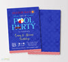 pool party or swim party joint birthday invitation with royal blue background and red, blue and yellow summer pool themed graphics