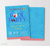 pool party or swim party joint birthday invitation with light blue background and red, blue and yellow summer pool themed graphics