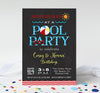 pool party or swim party joint birthday invitation with chalkboard background and red, blue and yellow summer pool themed graphics