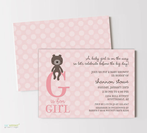 girl baby shower invitation with pink polka dot background, pink g is for girl wording and brown teddy bear graphic, double sided