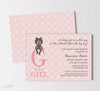 girl baby shower invitation with pink polka dot background, pink g is for girl wording and brown teddy bear graphic, double sided