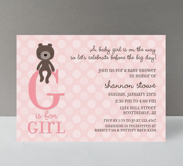 girl baby shower invitation with pink polka dot background, pink g is for girl wording and brown teddy bear graphic