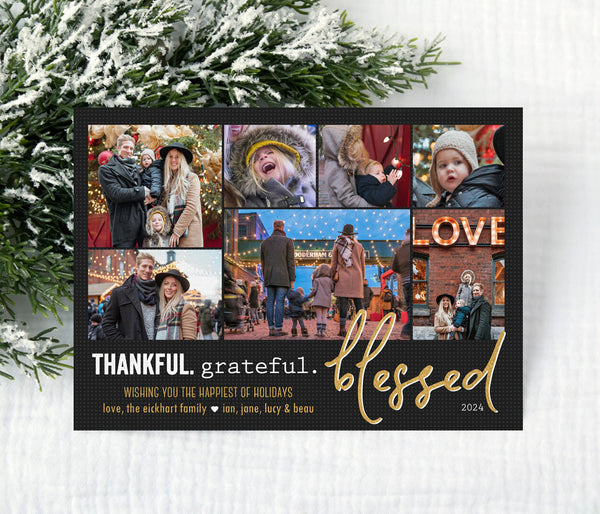 modern holiday card with a black polka dotted background, seven photos in a collage style and white and gold "thankful grateful blessed" wording