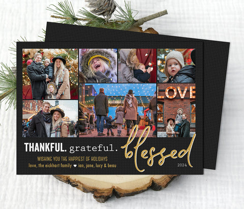 modern holiday card with a black polka dotted background, seven photos in a collage style and white and gold "thankful grateful blessed" wording