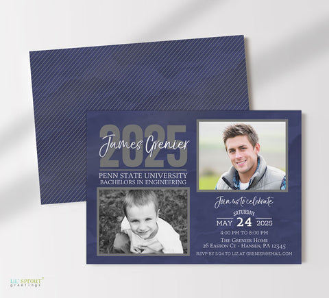 then and now double sided graduation announcement with blue background, two photos, gray details, and a striped back side