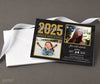 then and now graduation announcement printed on cardstock in black background with gold accents, white text and a stack of envelopes