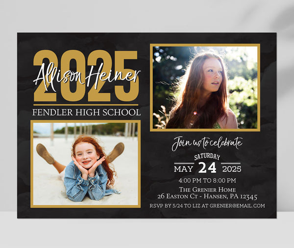 horizontal format graduation announcement with one "then" photo and one "now" photo, a black background and gold accents with white text