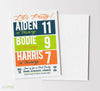 vertical birthday party invitation for three children with speckled white background, three color blocks, and blue, green and orange shades