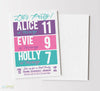 vertical birthday party invitation for three children with speckled white background, three color blocks, and blue, purple and pink shades