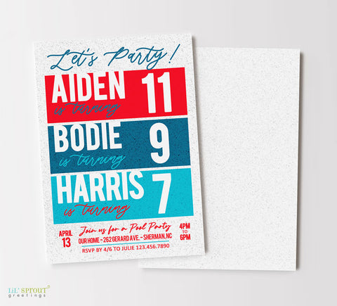 vertical birthday party invitation for three children with speckled white background, three color blocks, and blue and red shades