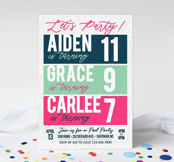 vertical birthday party invitation for three children with speckled white background, three color blocks, and blue and pink shades