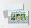 three child birthday invitation with polka dots, photos, gray, light blue, green colors