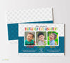 three child birthday invitation with polka dots, photos, red, blue, orange colors