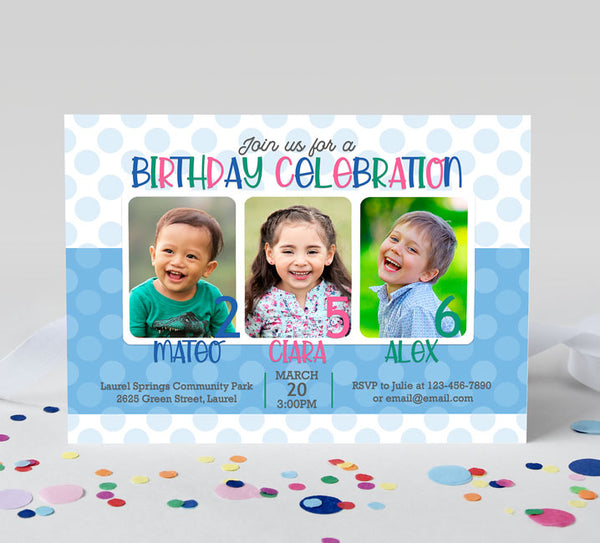 three child birthday invitation with polka dots, photos, pink, blue green colors