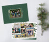 collage style christmas card with 8 photos, a green and white background and watercolored greenery on the left and right sides, double sided card