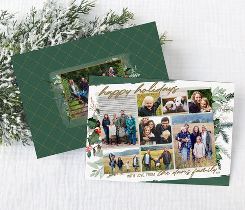 collage style christmas card with 8 photos, a green and white background and watercolored greenery on the left and right sides