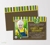 tractor themed birthday invitation with a single photo, tractor graphic, green yellow and brown details