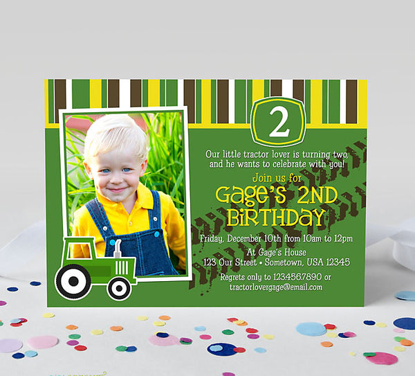 tractor themed birthday invitation with a single photo, tractor graphic, green yellow and brown details