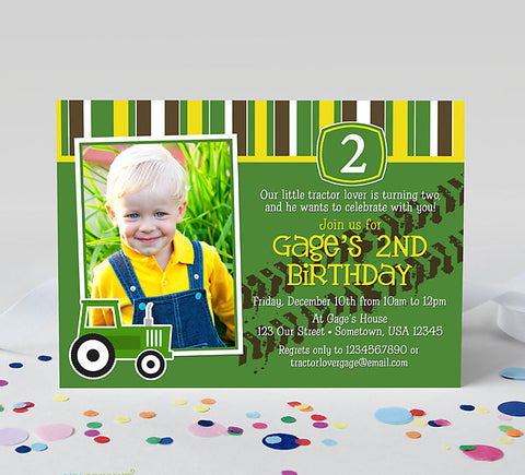 tractor themed birthday invitation with a single photo, tractor graphic, green yellow and brown details