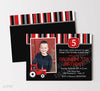 tractor themed birthday invitation with a single photo, tractor graphic, red, black, gray details