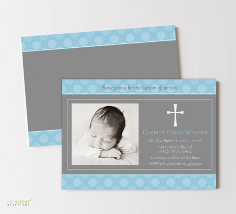 baptism invitation with single photo, gray center stripe with text and cross detail, blue polka dot background