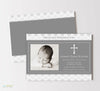 baptism invitation with single photo, gray center stripe with text and cross detail, white and gray polka dot background