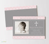 baptism invitation with single photo, gray center stripe with text and cross detail, pink polka dot background