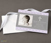 baptism invitation with single photo, gray center stripe with text and cross detail, purple polka dot background, printed on cardstock