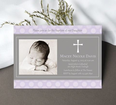 baptism invitation with single photo, gray center stripe with text and cross detail, purple polka dot background