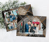 horizontal christmas card with brown and gray plaid background and a single arched photo