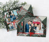 horizontal christmas card with green plaid background and a single arched photo