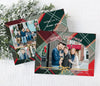 horizontal christmas card with a multi-colored plaid background and a single arched photo